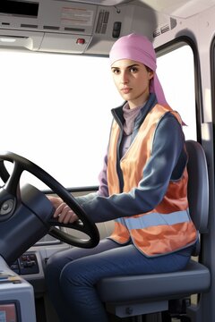 A female truck driver wearing a pink headscarf is driving a truck