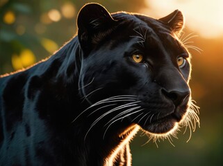 close up portrait of a black panther in the wild at sunset