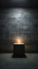 Single spotlight on a concrete cube in a dark concrete room - obrazy, fototapety, plakaty