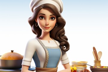 A beautiful cartoon chef with long brown hair is wearing a white chef hat and blue apron