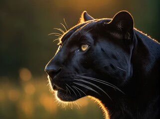 close up portrait of a black panther in the wild at sunset