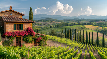Fototapeta na wymiar Tuscany landscape with vineyard. Vineyard Tour Tuscany, Travel & leisure magazine photo.