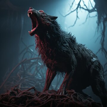 A werewolf is standing in the forest and howling at the moon