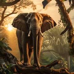 Elephant standing on a tree branch in the jungle