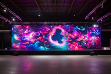 Large-scale projection of a nebula on a stage with spotlights
