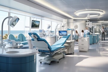 Fototapeta premium The interior of a modern dental clinic with a view of the ocean