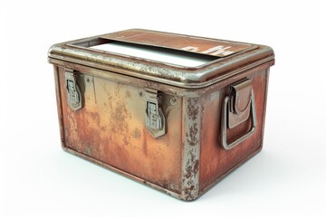 rusty metal box with white paper inside