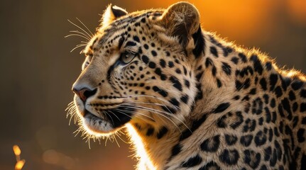 close up portrait of a leopard in the wild at sunset