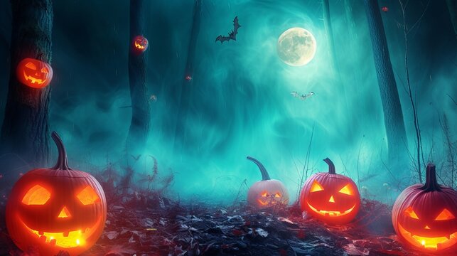Halloween pumpkins in a spooky forest with a full moon