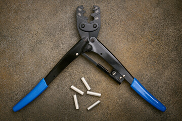 Pressing pliers or crimper and tin-plated sleeves for crimping electrical wire connections, electricians tool