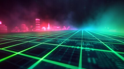 futuristic city illustration with glowing grid and neon lights