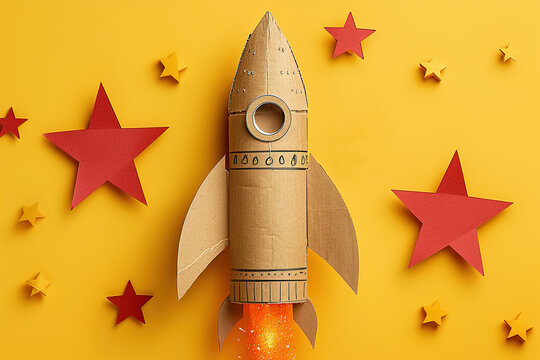 closeup flying rocket made of cardboard and paper stars on a yellow background