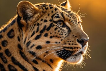 close up portrait of a leopard in the wild at sunset