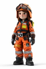 3D illustration of a female firefighter wearing an orange jumpsuit and a helmet