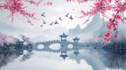 Oriental bridge with pagoda and cherry blossom