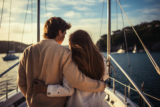 Back view photo of beautiful young couple on romantic vacation luxury yacht in open sea generative ai