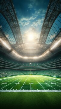 American football stadium with green field and bright lights