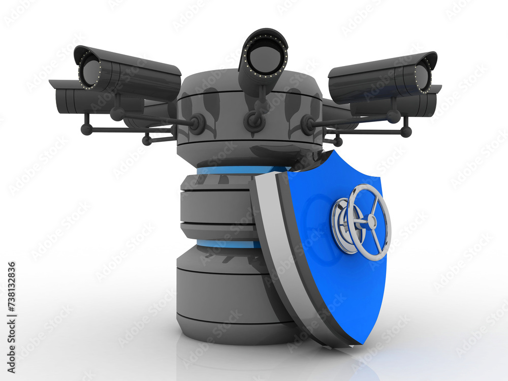 Poster 3d rendering surveillance cctv security camera connected database protected shield lock