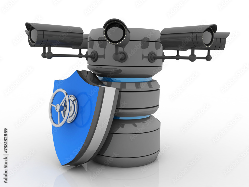 Poster 3d rendering surveillance cctv security camera connected database protected shield lock