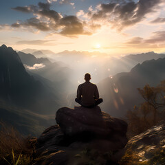 A person meditating on a mountaintop. 