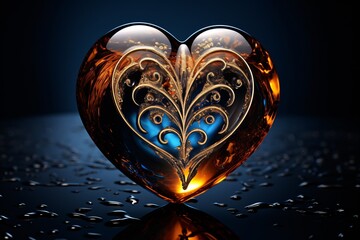 a heart shaped glass with a gold design