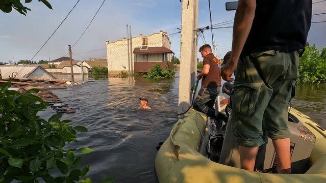 Volunteers rescue cat from the water after detonation of Kakhovka Hydroelectric Power Station. Consequences of the detonation of dam on Dnipro river in Kherson town. Slow motion