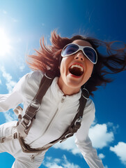 Beautiful happy brunette girl skydiver with a wide open mouth with snow-white teeth in a white jumpsuit and sunglasses against the background of a blue sky with white clouds
