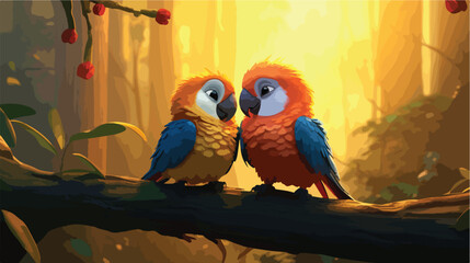 Cartoon illustration a pair of parrots kissing