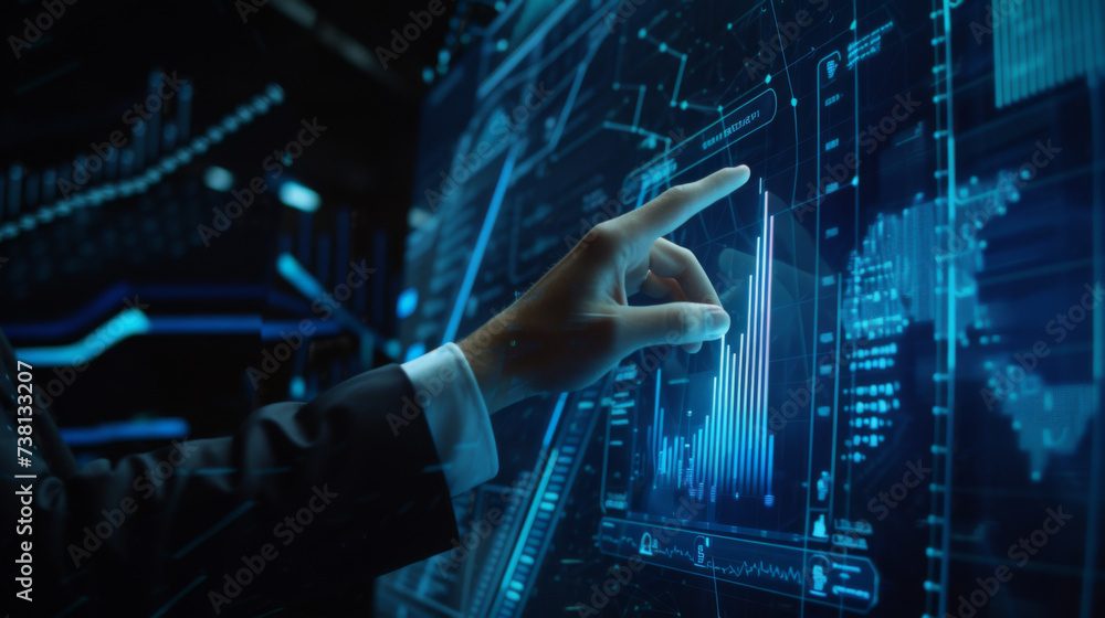 Poster person in a suit is reaching out to touch a digital interface with glowing blue light and data strea