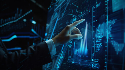 person in a suit is reaching out to touch a digital interface with glowing blue light and data streaming towards them