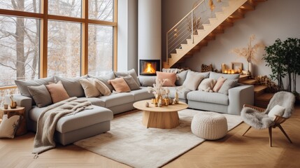 Fototapeta premium A cozy living room with a fireplace and a large sectional sofa