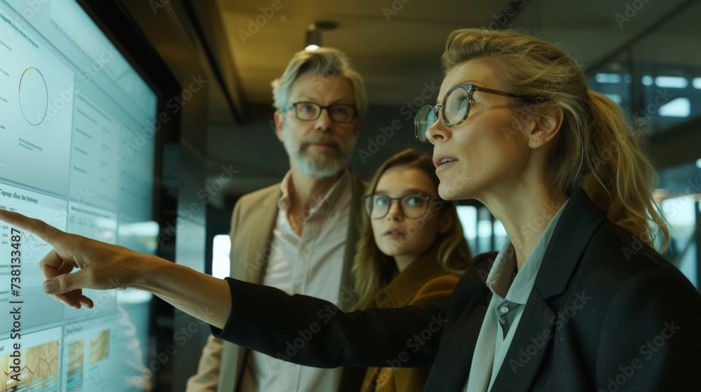 Poster professionals are analyzing data and charts on a large digital display, with one person pointing at 
