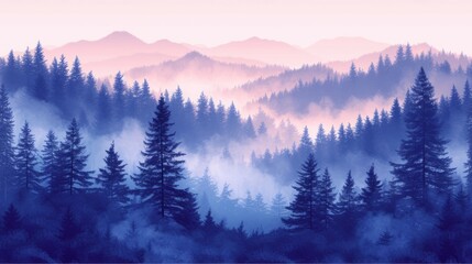 Obraz premium Blue misty mountains and pine trees landscape illustration