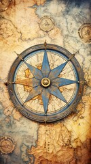 Fototapeta na wymiar A beautiful illustration of a compass on top of an old world map.
