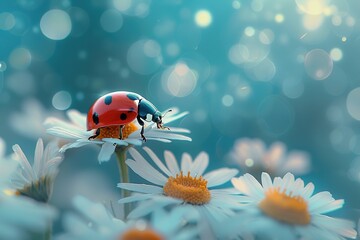 closeup ladybug sits on a daisy chamomile flower with blurred bokeh background - Powered by Adobe