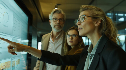 professionals are analyzing data and charts on a large digital display, with one person pointing at a specific detail on the screen.