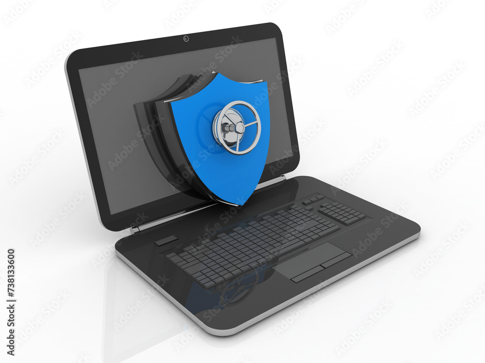 Poster laptop with shield. isolated 3d rendering image