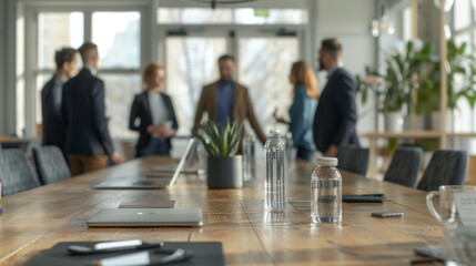 focus on a meeting room table with laptops, smartphones, a water bottle, and a plant, with a group of blurred business professionals standing in the background.