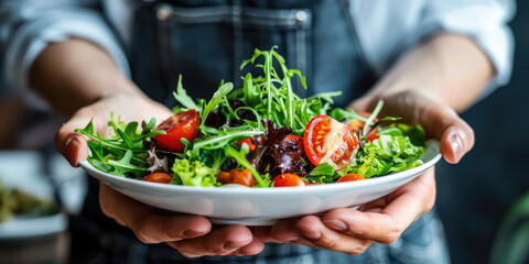 Woman holding a bowl with healthy vegan breakfast. 
Fresh salad