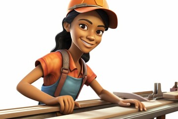 A young female carpenter wearing an orange hard hat and blue overalls is smiling while working with wood on a table saw.