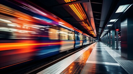 Fototapeta na wymiar A subway train speeds through a station