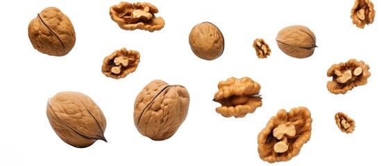 Flying walnuts isolated on white.