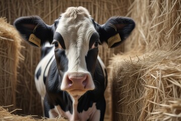 Portrait of a black and white Holstein cow in a barn