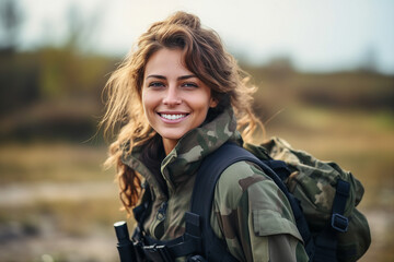 AI generated photo portrait of confident smiling ukrainian girl armed and equipped in the battle field - obrazy, fototapety, plakaty