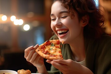 A woman smiles while eating a slice of pizza - obrazy, fototapety, plakaty