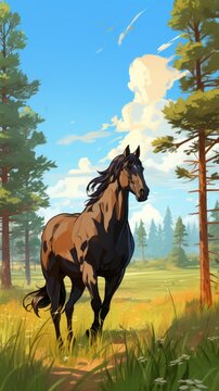 A beautiful brown horse stands in a lush green field surrounded by tall pine trees under a clear blue sky