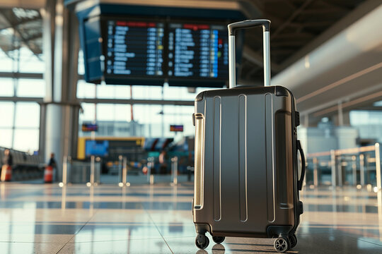 Modern hardshell suitcase standing in an airport terminal, sleek design, travel-ready, with flight information displays in the background