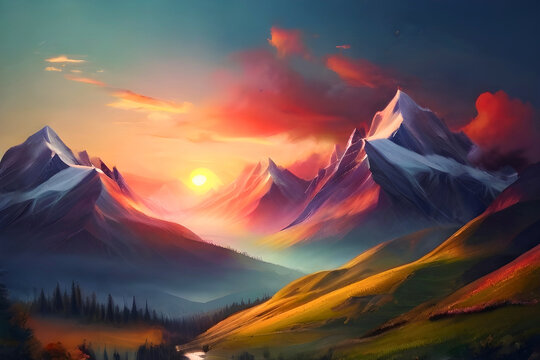 Beautiful surroundings with indescribable nature with the sun setting in front of the mountains offering a beautiful view