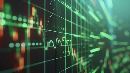 Fototapeta premium Close-up of an upward trending investment graph on a digital screen, glowing lines, financial growth and success concept 
