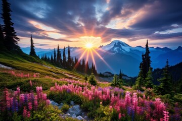 Mount Rainier, also known as Tahoma, is a large active stratovolcano in the Cascade Range of the Pacific Northwest in the United States - obrazy, fototapety, plakaty